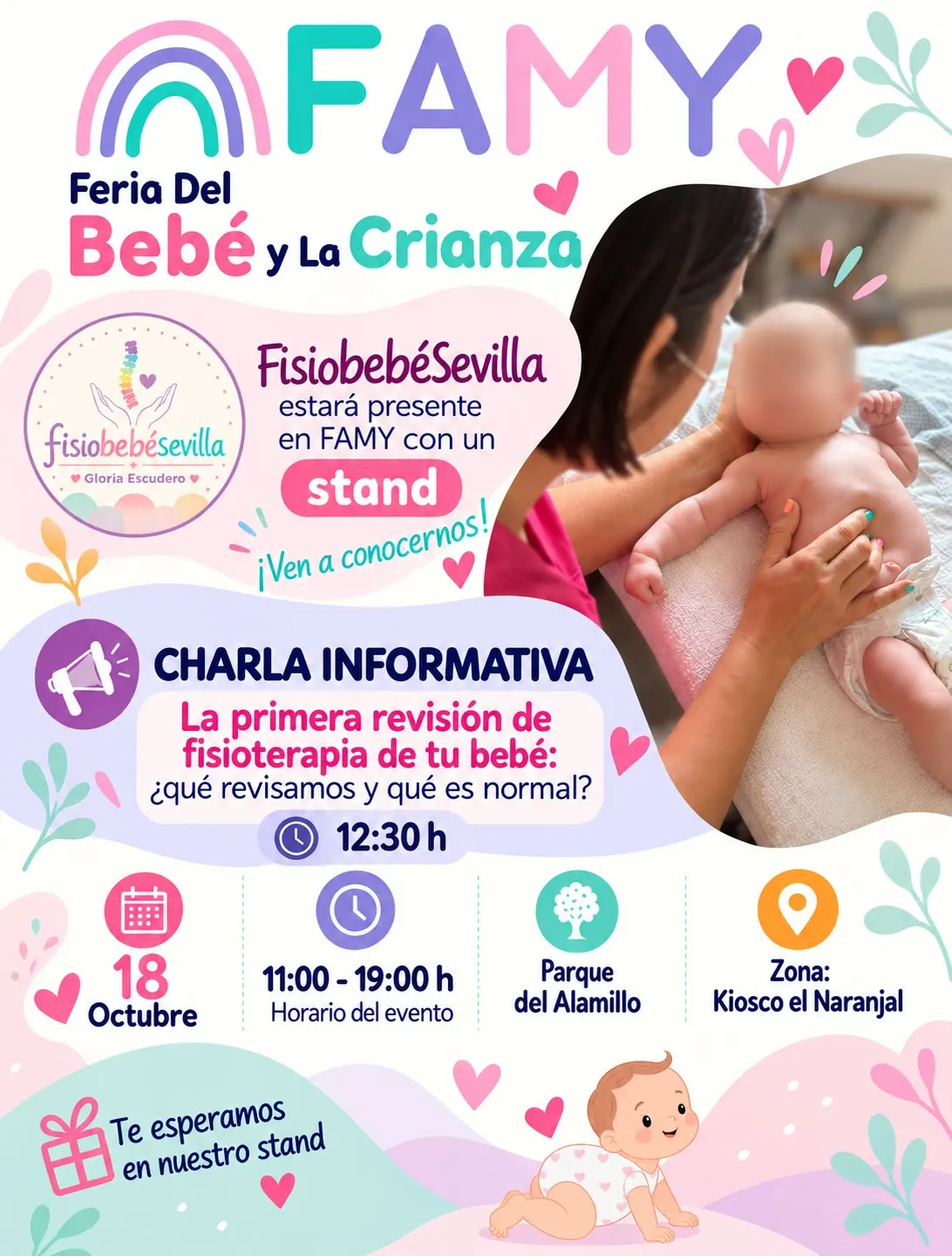 Cartel de FAMY, Feria del Bebé y la Crianza: stand de Gloria Escudero y charla informativa a las 12:30 el 18 de octubre en el Parque del Alamillo, zona Kiosco El Naranjal, de 11:00 a 19:00.