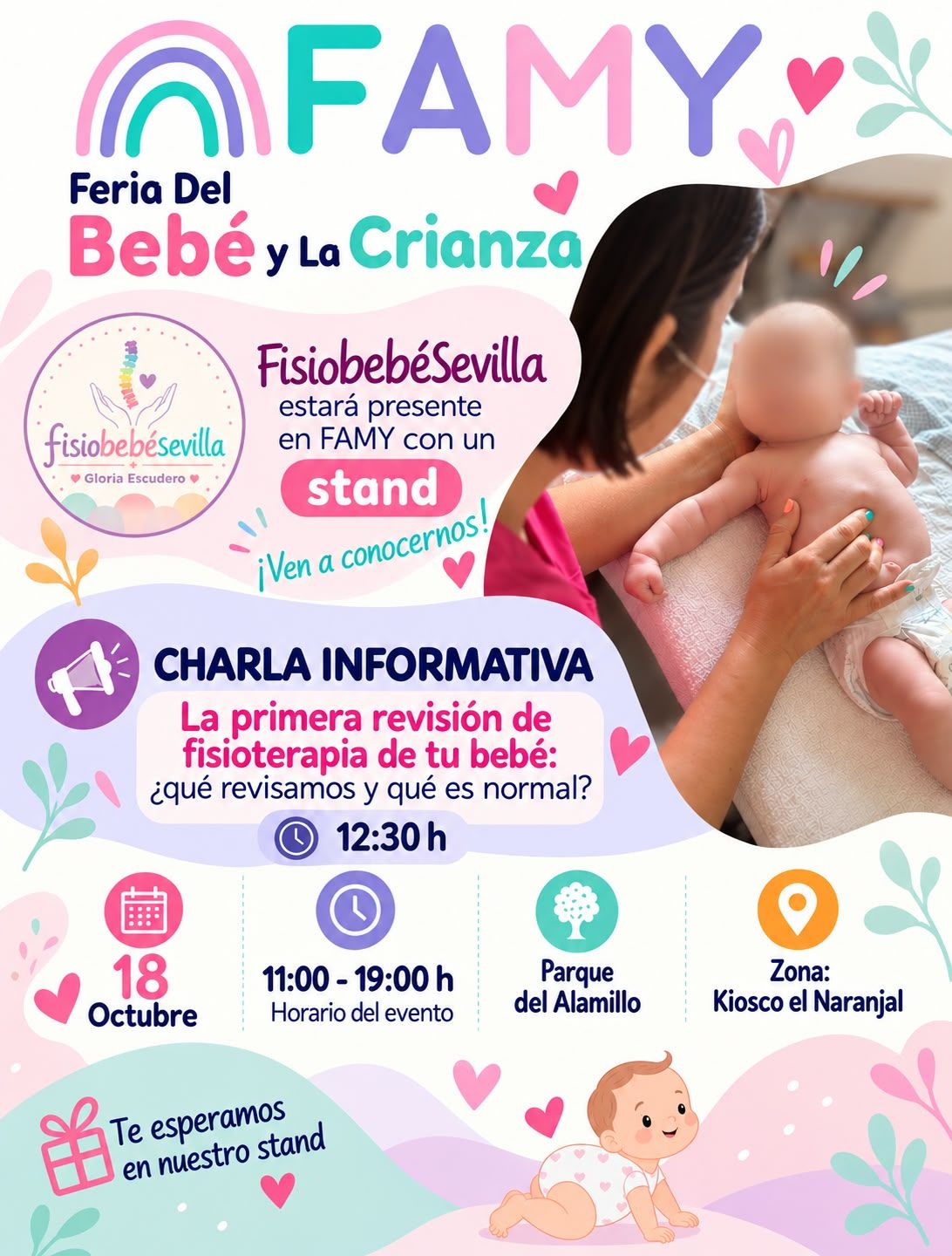 Cartel de FAMY, Feria del Bebé y la Crianza: stand de Gloria Escudero y charla informativa a las 12:30 el 18 de octubre en el Parque del Alamillo, zona Kiosco El Naranjal, de 11:00 a 19:00.