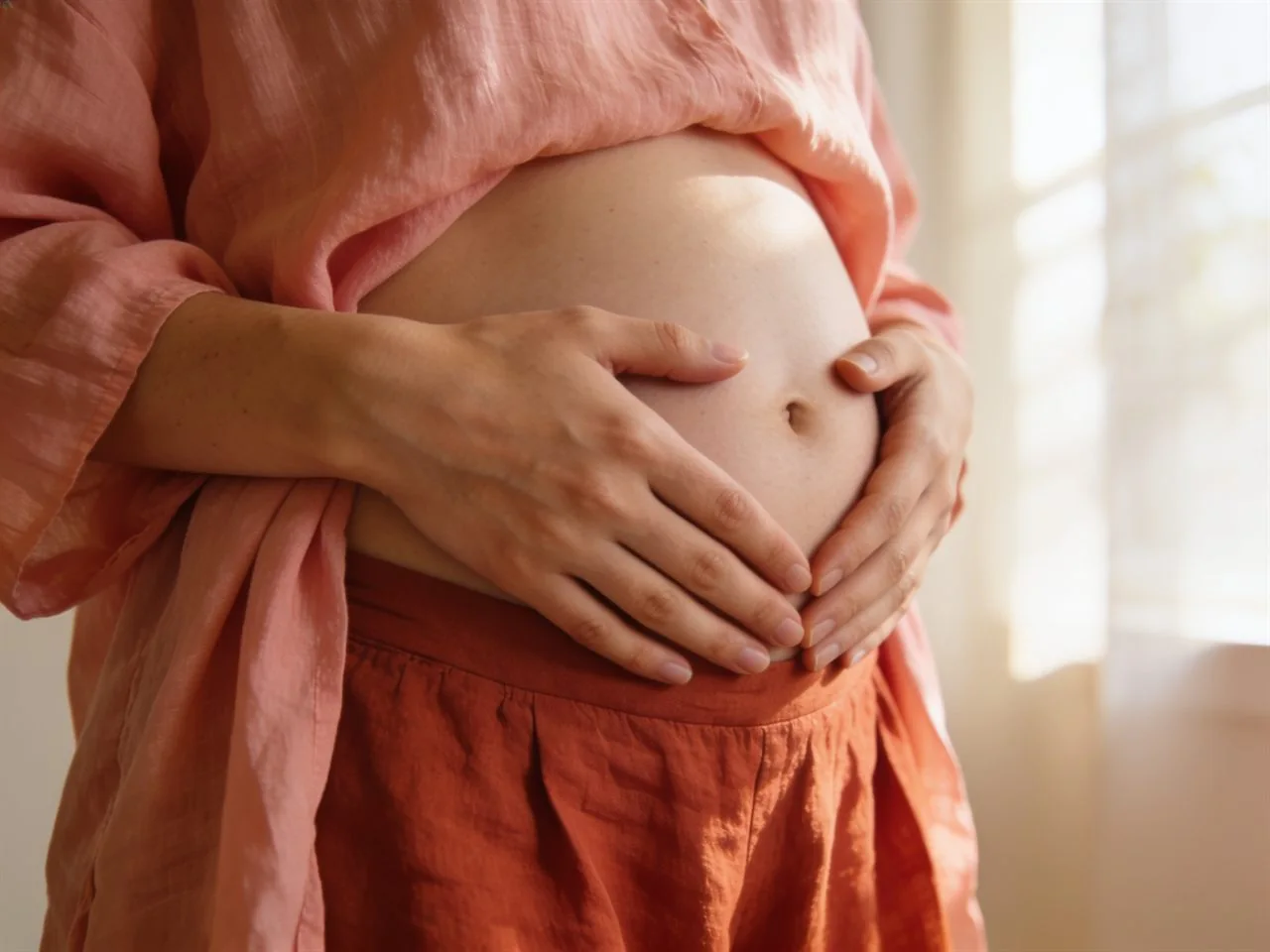Mujer embarazada sosteniendo su vientre con las manos, vestida en tonos salmón con luz cálida