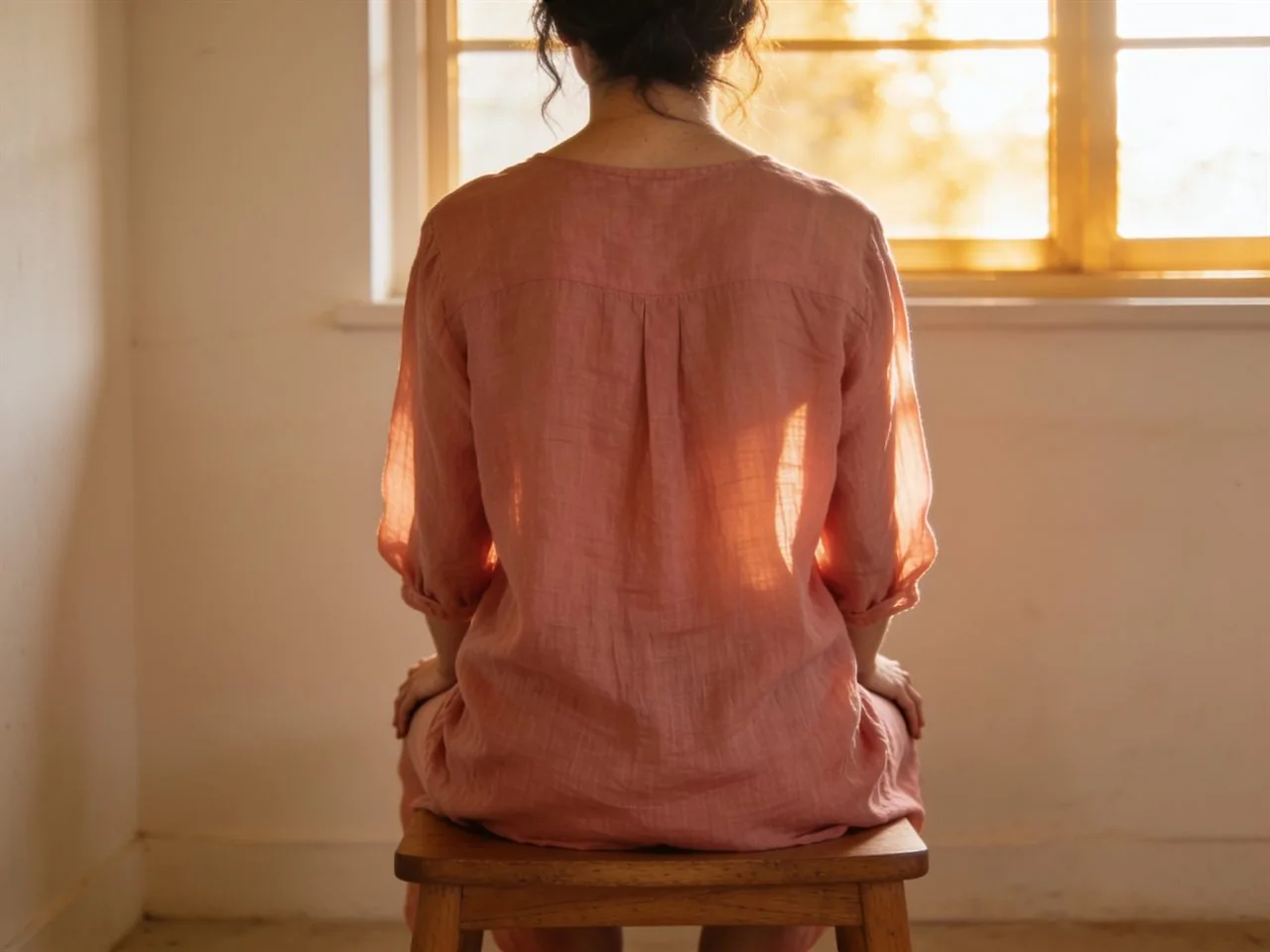 Mujer sentada de espaldas frente a una ventana con luz cálida atravesando su blusa de lino, en actitud serena y relajada