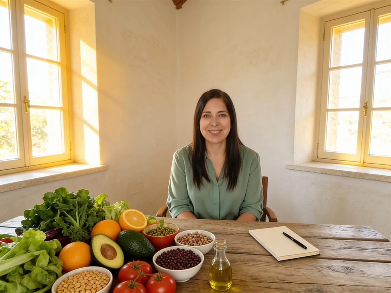 Gloria Escudero, dietista integrativa, en su mesa de trabajo con alimentos frescos de temporada y su cuaderno de planes nutricionales